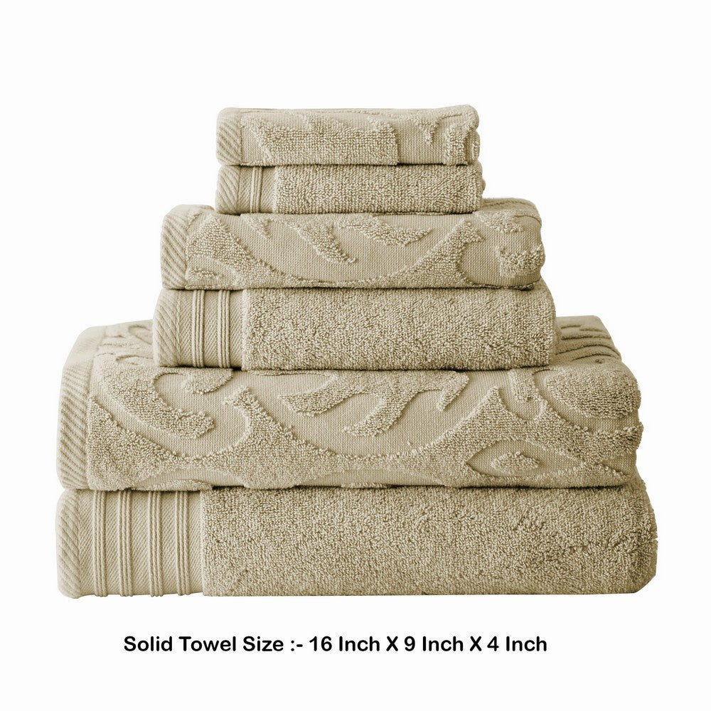 Oya 6 Piece Soft Egyptian Cotton Towel Set, Solid Medallion Pattern, Beige - BM284606