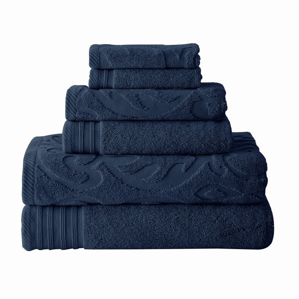 Oya 6 Piece Soft Egyptian Cotton Towel Set, Medallion Pattern, Navy Blue - BM284607