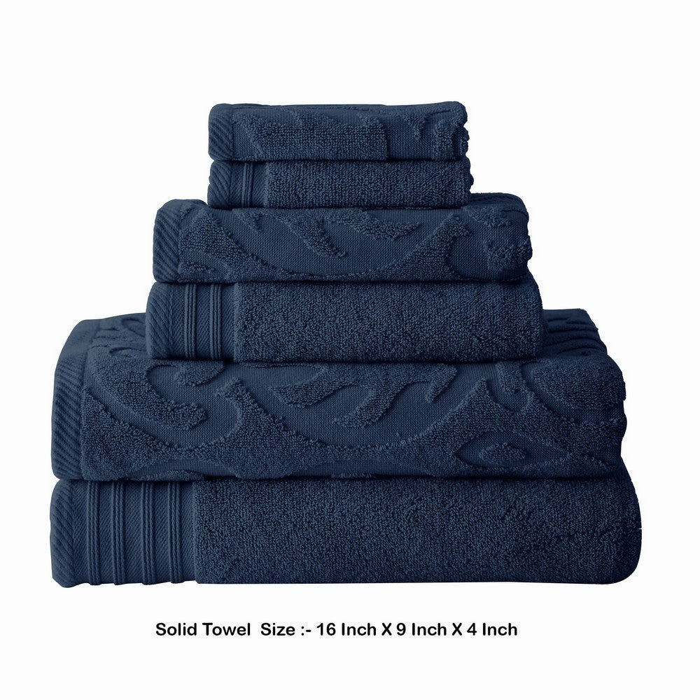 Benjara Oya 6 Piece Soft Egyptian Cotton Towel Set Medallion Pattern Navy Blue BM284607 Benzara