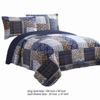 Mai 3 Piece King Cotton Quilt Set, Patchwork, Reversible, Blue, Rust Brown - BM284609