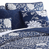 Ann 6 Piece King Size Polyester Quilt Set, Flowers, Reversible, Navy Blue - BM284615