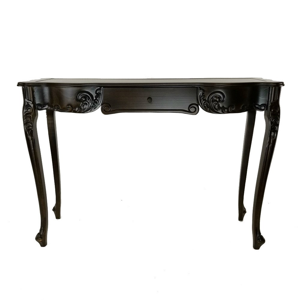 Troy 32 Inch Classic Wood Console Table, 1 Drawer, Floral Cared, Brown - BM284648