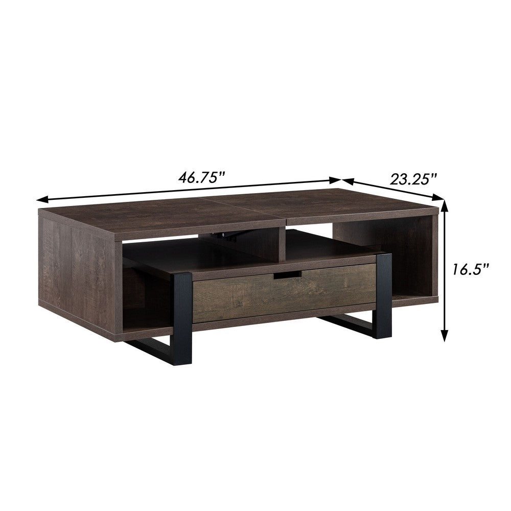 47 Inch Modern Coffee Table, 1 Drawer, 4 Shelves, Half Lift Top, Brown - BM284685