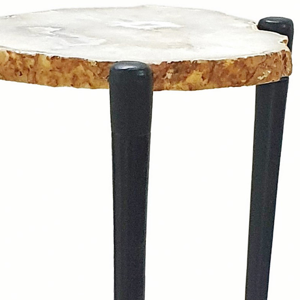 18 Inch Side Table, Agate Stone Top, Aluminum Tri Legs, Modern, White - BM284697