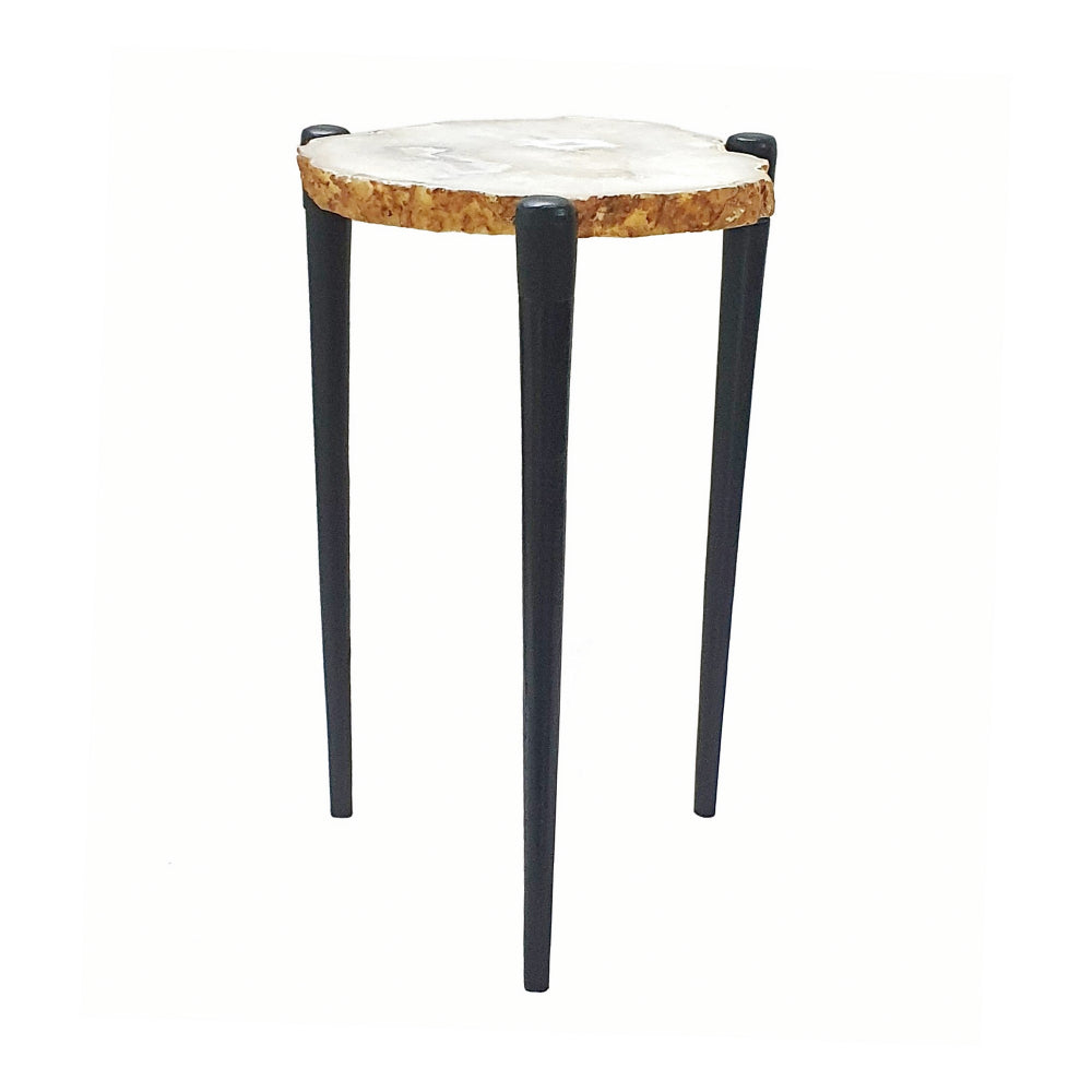 18 Inch Side Table, Agate Stone Top, Aluminum Tri Legs, Modern, White - BM284697