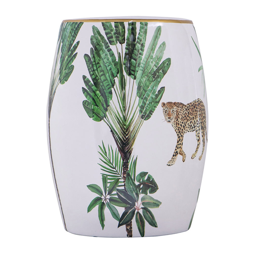 18 Inch Ceramic Accent Table, Drum Shape, Tropical Print, White, Green - BM284698