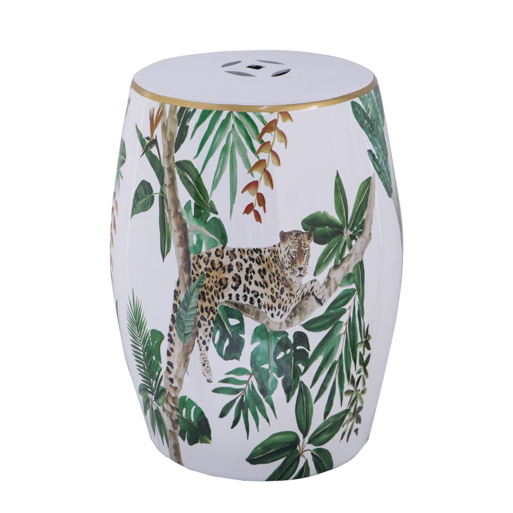 18 Inch Ceramic Accent Table, Drum Shape, Tropical Print, White, Green - BM284698