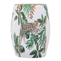 18 Inch Ceramic Accent Table, Drum Shape, Tropical Print, White, Green - BM284698