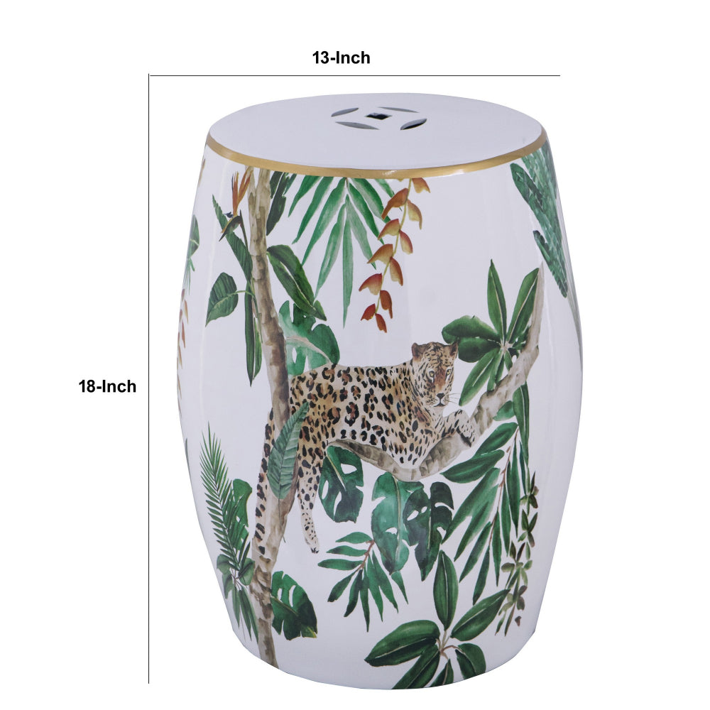 18 Inch Ceramic Accent Table, Drum Shape, Tropical Print, White, Green - BM284698