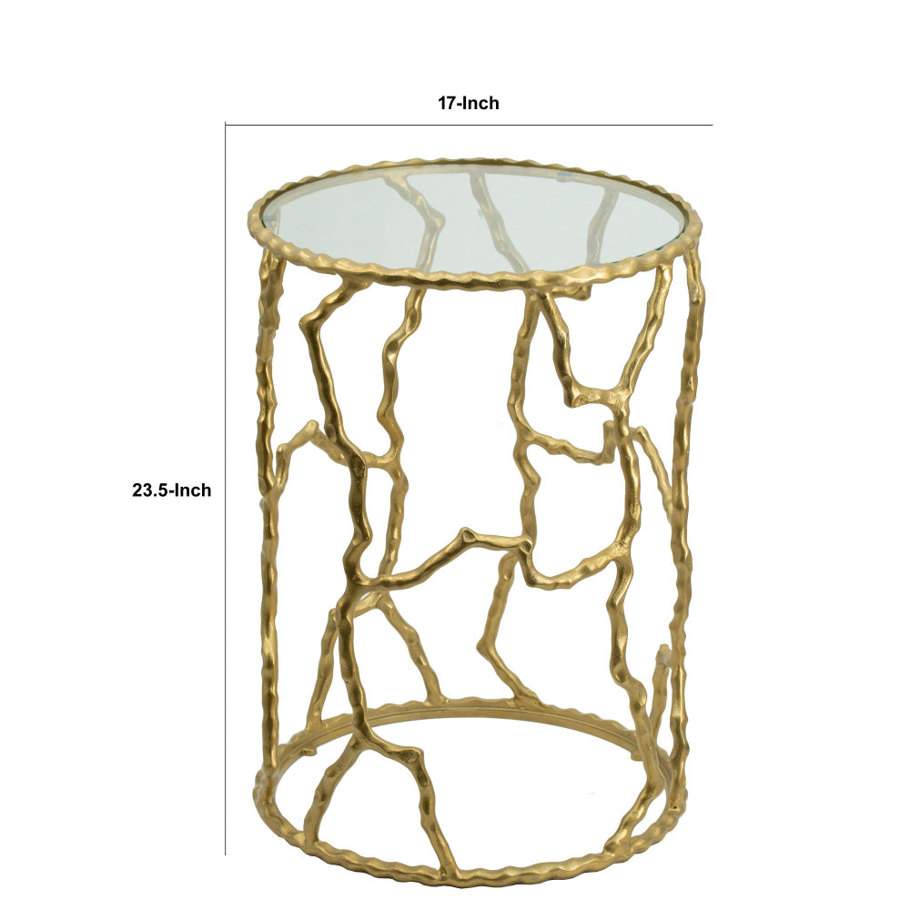 24 Inch Round Accent Table, Intricate Metal Twig Inspired Open Frame, Gold - BM284699