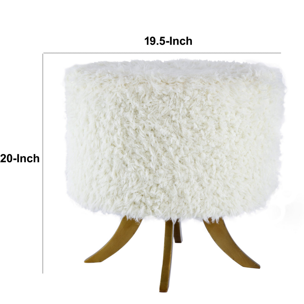 20 Inch Ottoman, Foam Filled, Shearling Fabric, Wood Frame, White, Brown - BM284702