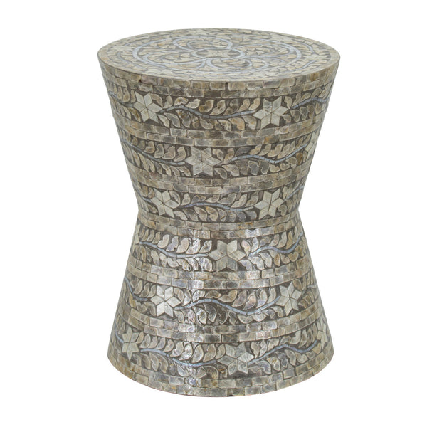 19 Inch Luxury Accent Table Stool, Star Foliage Pattern, Gray and Brown - BM284703