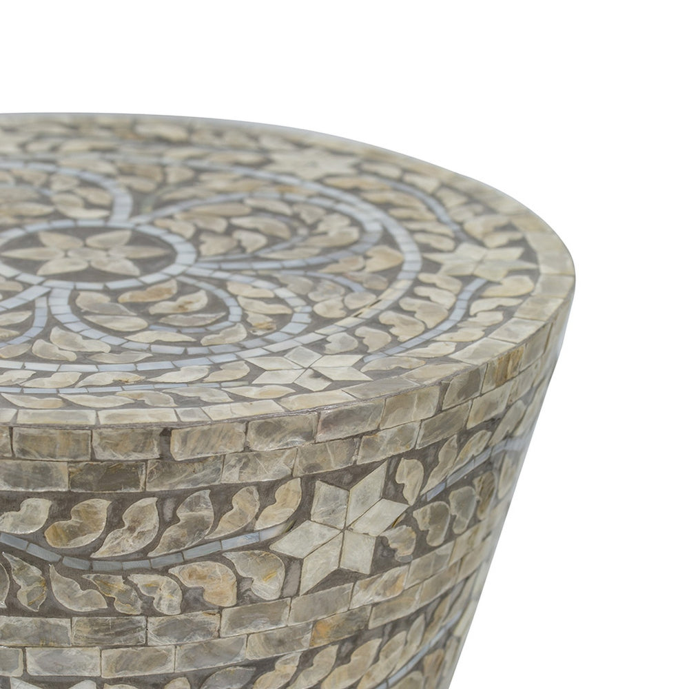 19 Inch Luxury Accent Table Stool, Star Foliage Pattern, Gray and Brown - BM284703