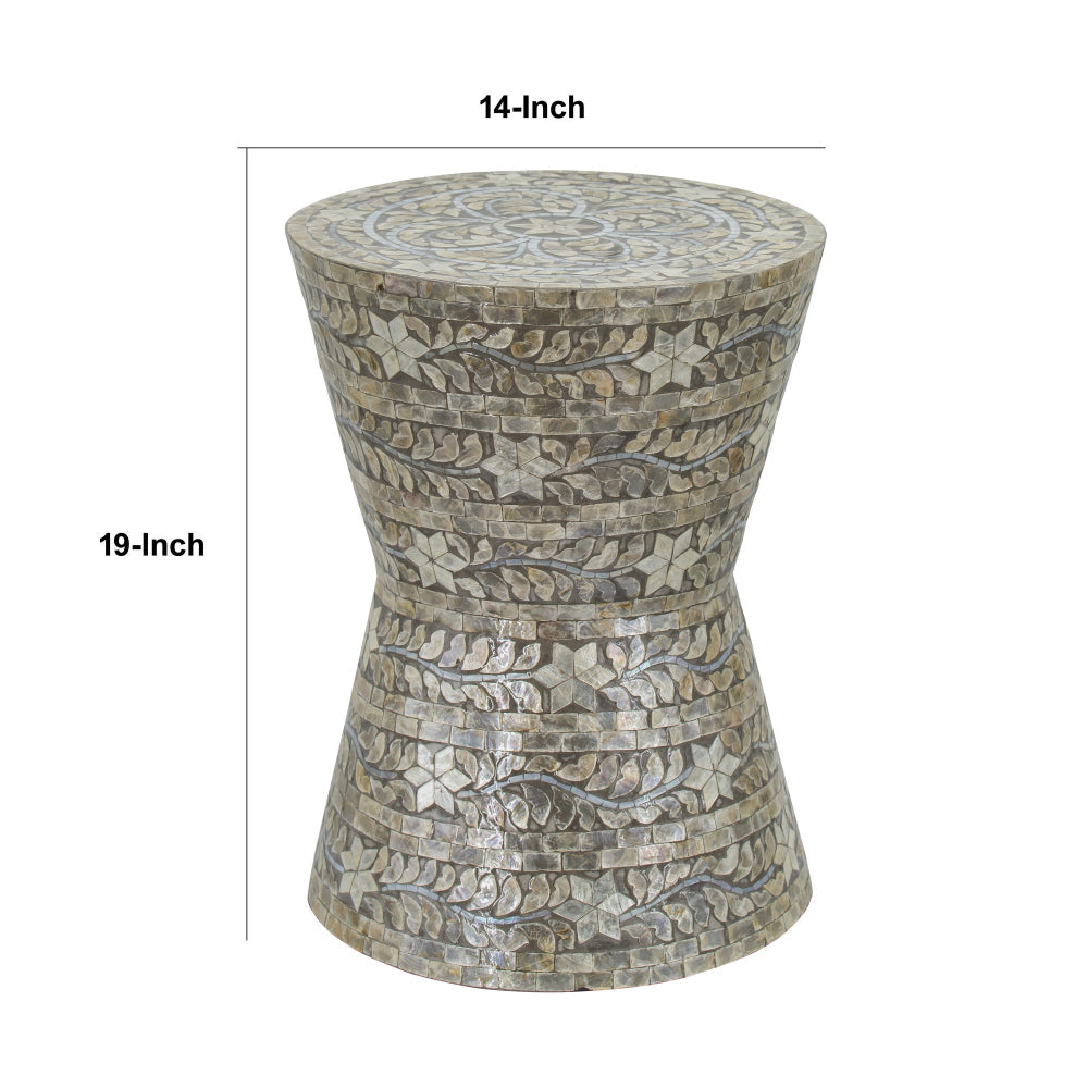 19 Inch Luxury Accent Table Stool, Star Foliage Pattern, Gray and Brown - BM284703