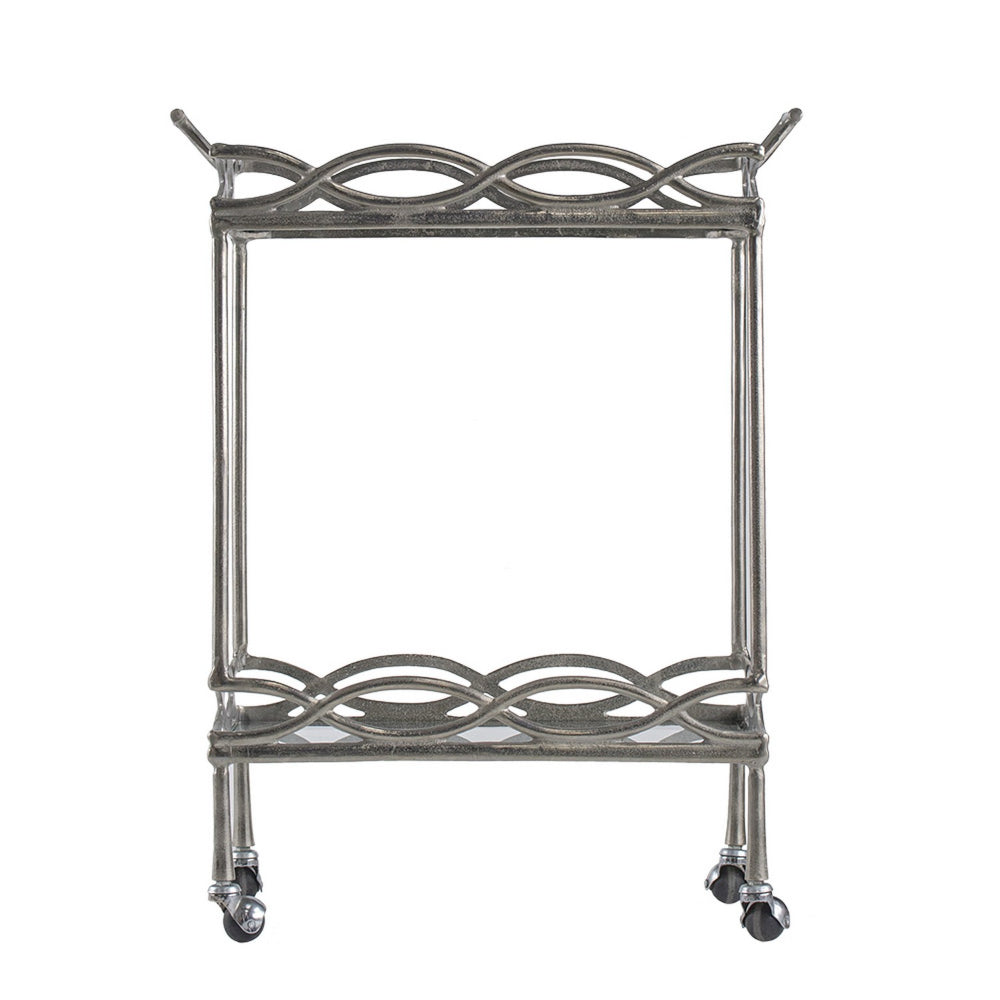 30 Inch Aluminum Bar Cart, 2 Tier Glass Shelves, Dynamic Accents, Silver - BM284713