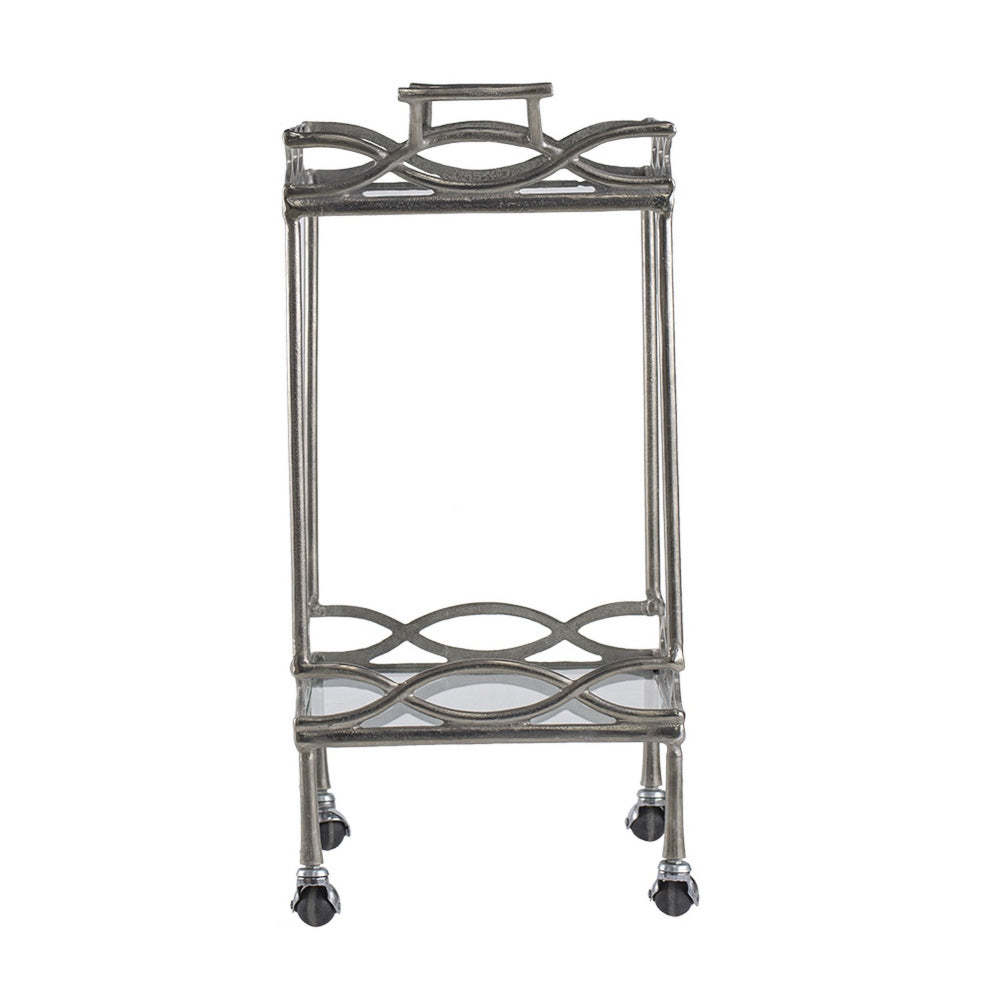 30 Inch Aluminum Bar Cart, 2 Tier Glass Shelves, Dynamic Accents, Silver - BM284713