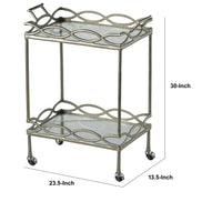 30 Inch Aluminum Bar Cart, 2 Tier Glass Shelves, Dynamic Accents, Silver - BM284713