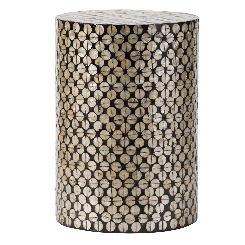 benzara 20 Inch Stool Table Round Wood Design Modern Capiz Inlay Black White - BM284717