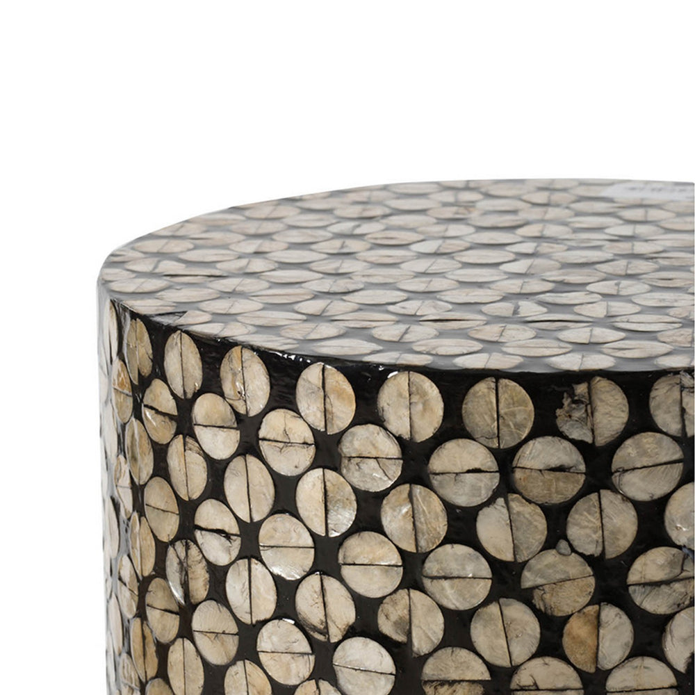 20 Inch Stool Table, Round Wood Design, Modern, Capiz Inlay, Black, White - BM284717