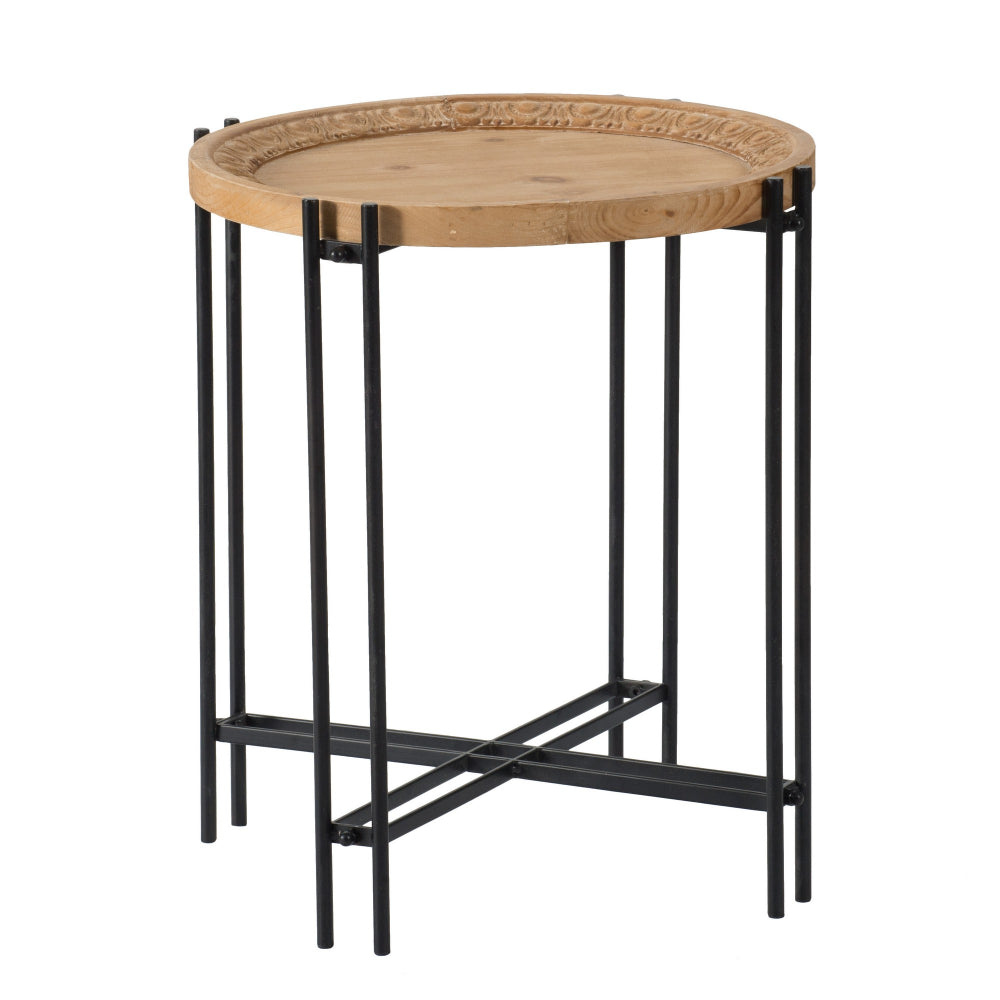 24 Inch Side Table, Modern, Round Tabletop, Carved Wood, Iron Frame, Brown - BM284720