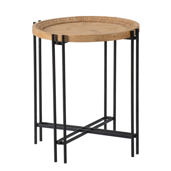 24 Inch Side Table, Modern, Round Tabletop, Carved Wood, Iron Frame, Brown - BM284720