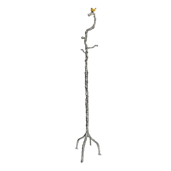 71 Inch Modern Aluminum Coat Stand, Branch Accent, Perched Bird, Silver - BM284721