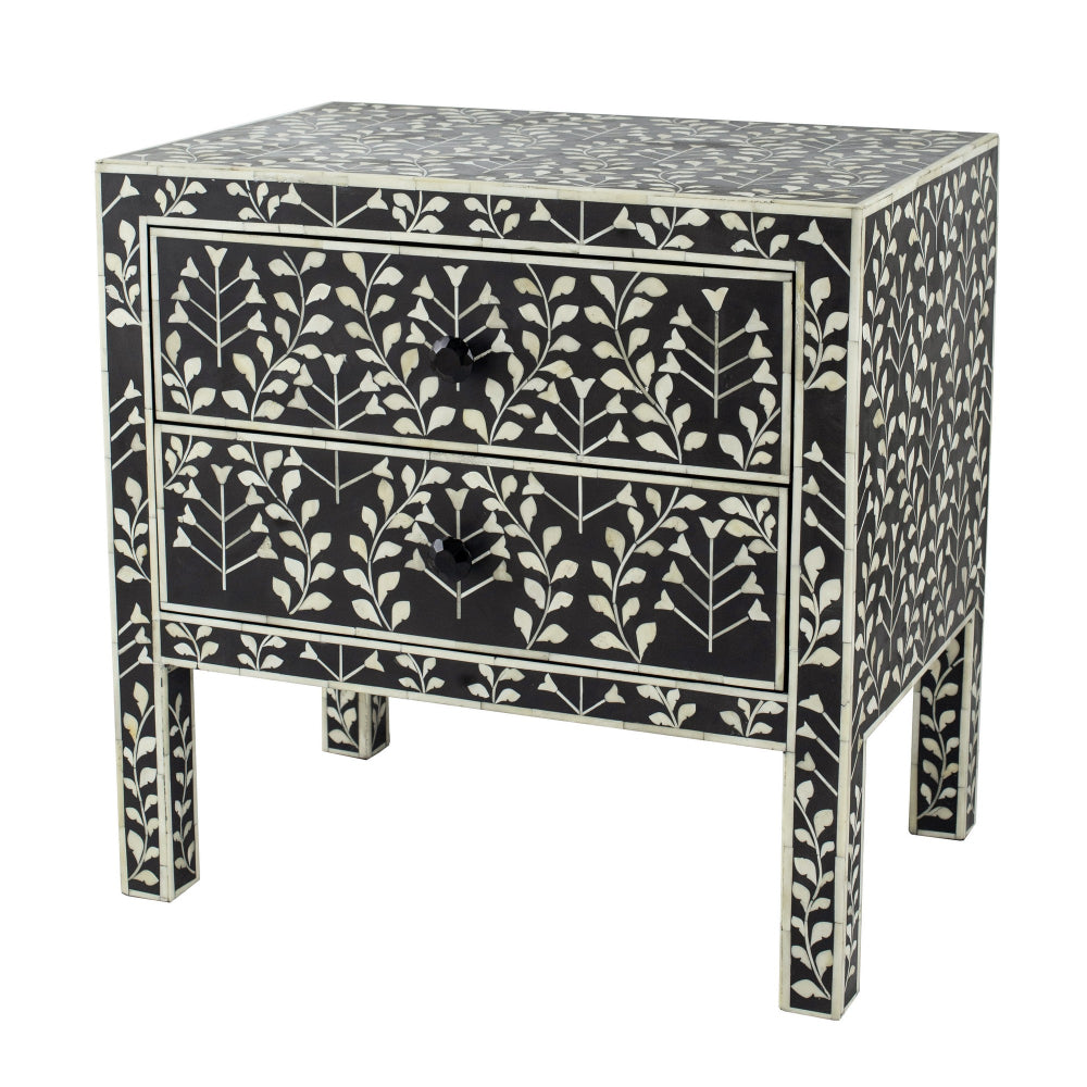 24 Inch Storage Chest, 2 Drawers, Bone Inlay, Floral Pattern, Modern, Black - BM284744