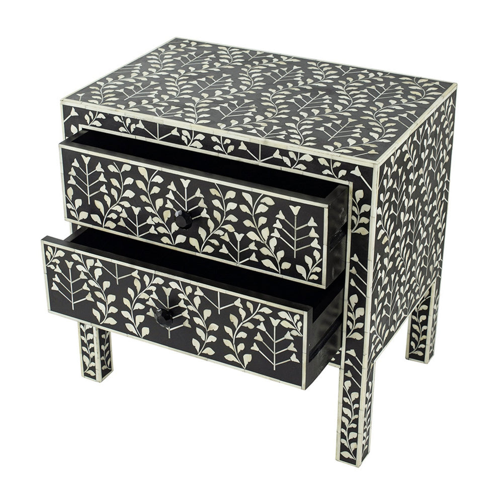 24 Inch Storage Chest, 2 Drawers, Bone Inlay, Floral Pattern, Modern, Black - BM284744