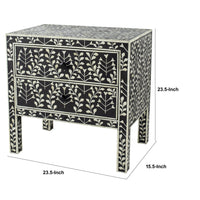 24 Inch Storage Chest, 2 Drawers, Bone Inlay, Floral Pattern, Modern, Black - BM284744