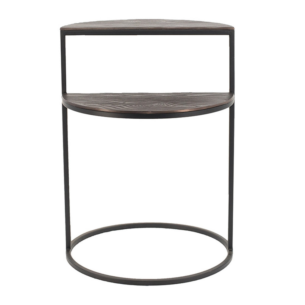 22 Inch Modern Metal Round Accent Table, 2 Half Circle Shelves, Wood, Brown - BM284755