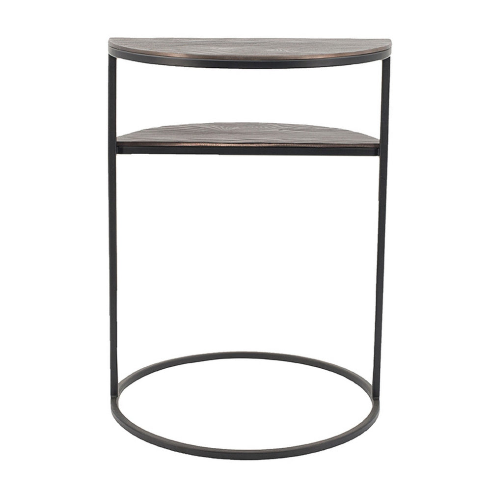 22 Inch Modern Metal Round Accent Table, 2 Half Circle Shelves, Wood, Brown - BM284755