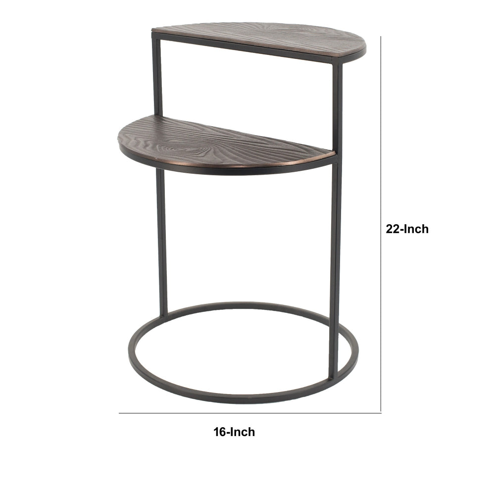 22 Inch Modern Metal Round Accent Table, 2 Half Circle Shelves, Wood, Brown - BM284755