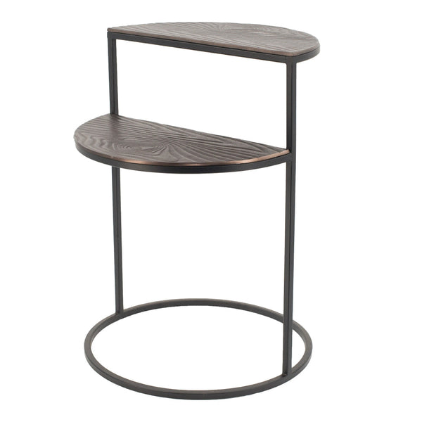 22 Inch Modern Metal Round Accent Table, 2 Half Circle Shelves, Wood, Brown - BM284755