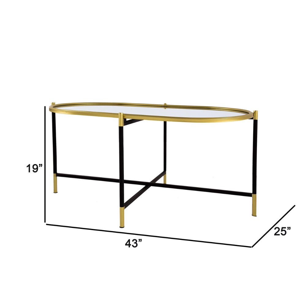 43 Inch Elongated Mirror Top Coffee Table, Iron Frame, Gold Finish, Black - BM284761