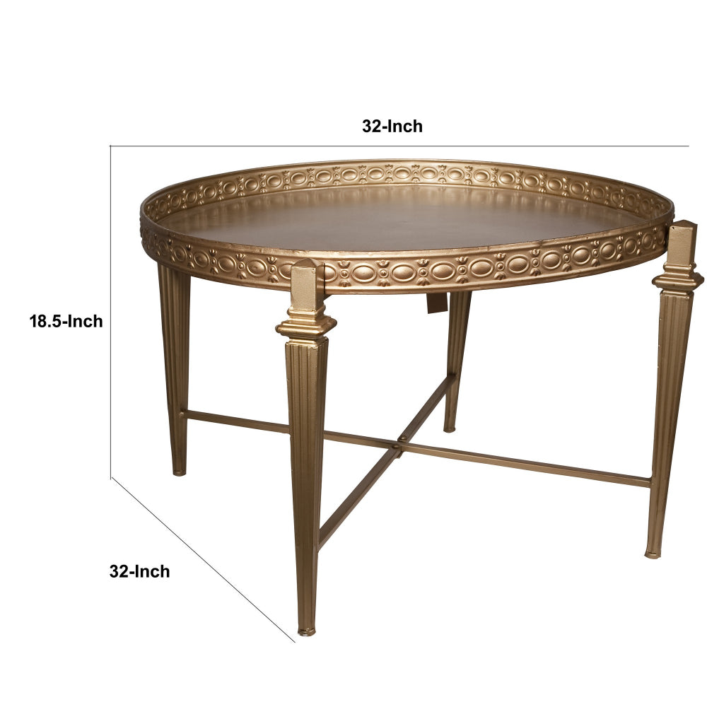 32 Inch Metal Cocktail Table, Circular Pattern Edged Round Top, Copper - BM284762