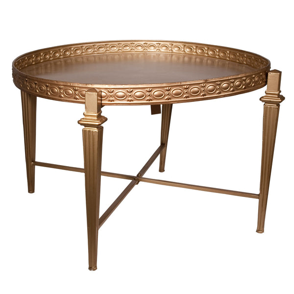 32 Inch Metal Cocktail Table, Circular Pattern Edged Round Top, Copper - BM284762