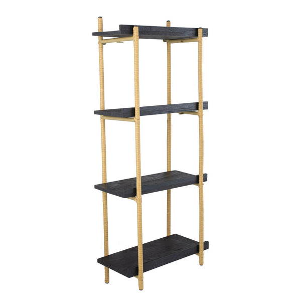 44 Inch Modern Wood Four Tier Shelf, Natural Rattan Braiding, Gold, Black - BM284767