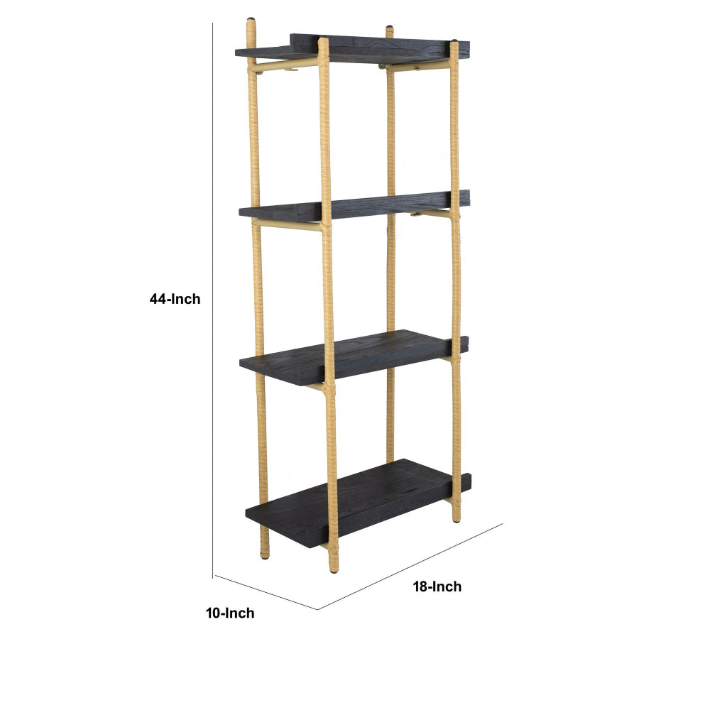 44 Inch Modern Wood Four Tier Shelf, Natural Rattan Braiding, Gold, Black - BM284767
