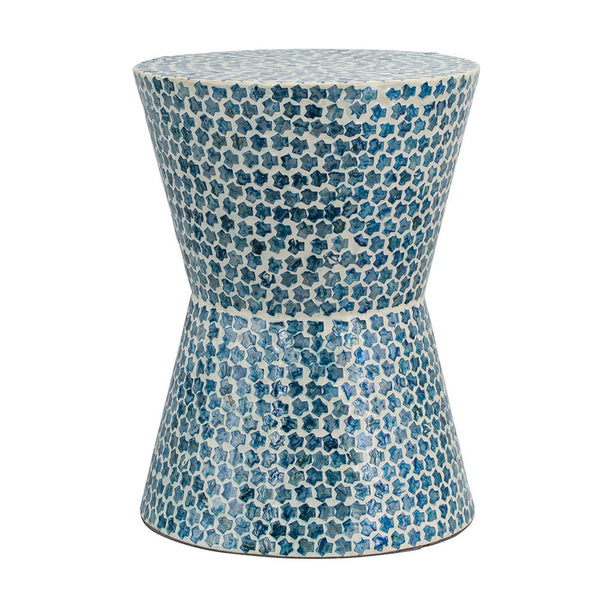 Ivy 20 Inch Luxury Accent Table Stool, Mosaic Tile Pattern, White, Blue - BM284768