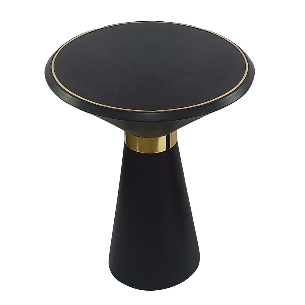 22 Inch Round Mango Wood Side Table, Smooth Brass Accents, Black Finish - BM284779