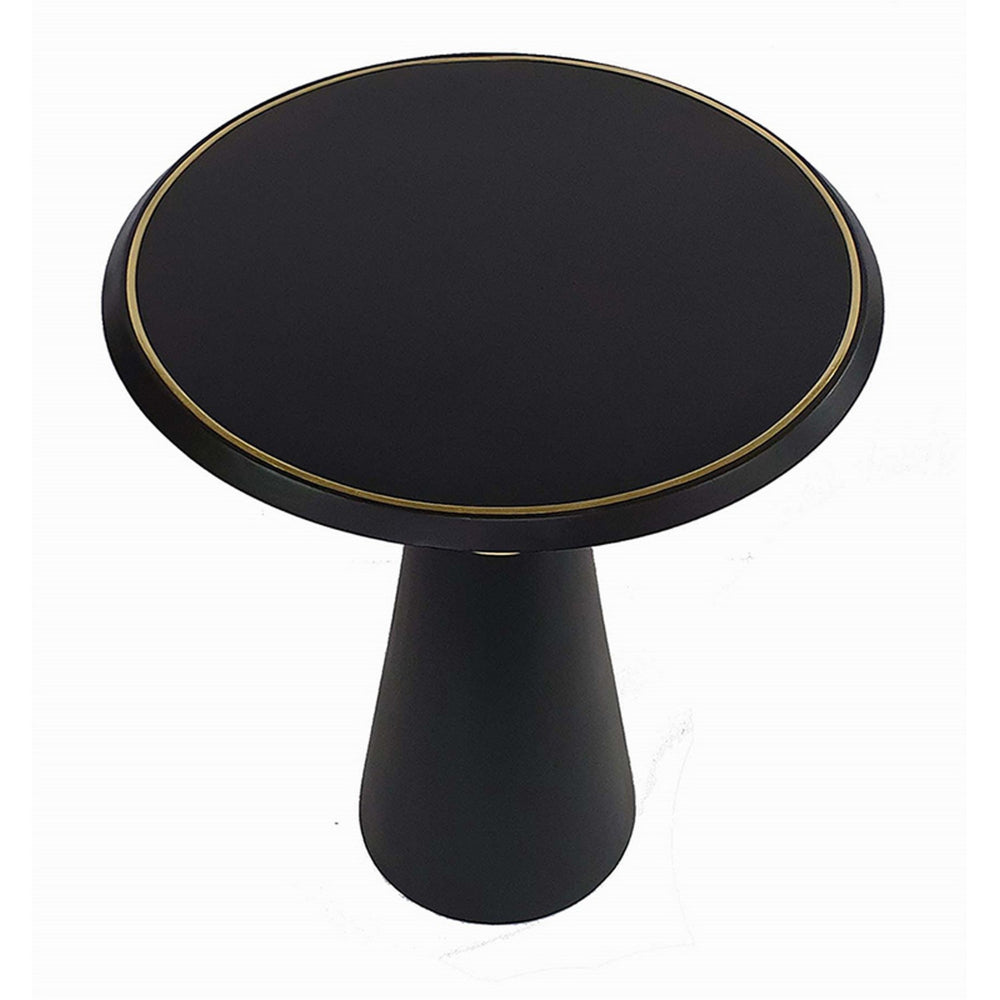 22 Inch Round Mango Wood Side Table, Smooth Brass Accents, Black Finish - BM284779