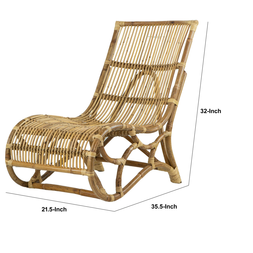 35 Inch Retro Style Rattan Lounge Chair, Slatted Support, Natural Brown - BM284789