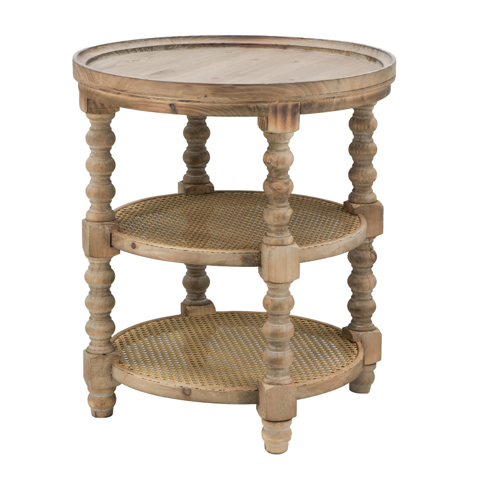 Jake 25 Inch 3 Tier Side Table, Fir Wood, 2 Woven Wicker Shelves, Brown - BM284795