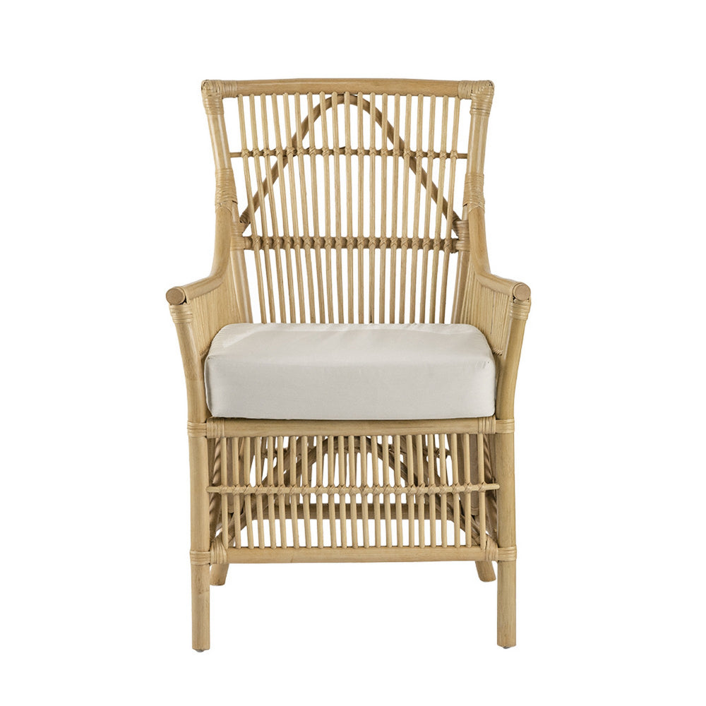 23 Inch Rattan Dining Armchair, White Fabric Padded Seat, Natural Brown - BM284802