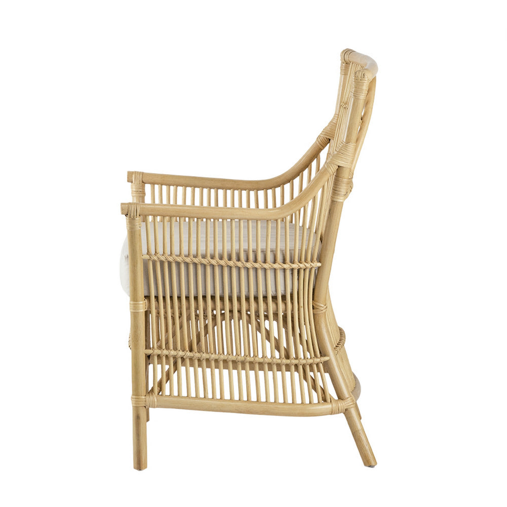 23 Inch Rattan Dining Armchair, White Fabric Padded Seat, Natural Brown - BM284802