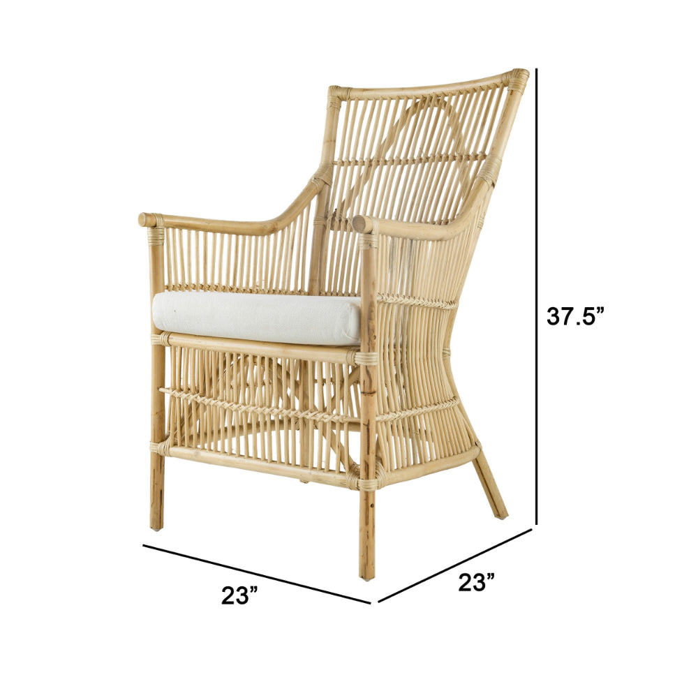 23 Inch Rattan Dining Armchair, White Fabric Padded Seat, Natural Brown - BM284802