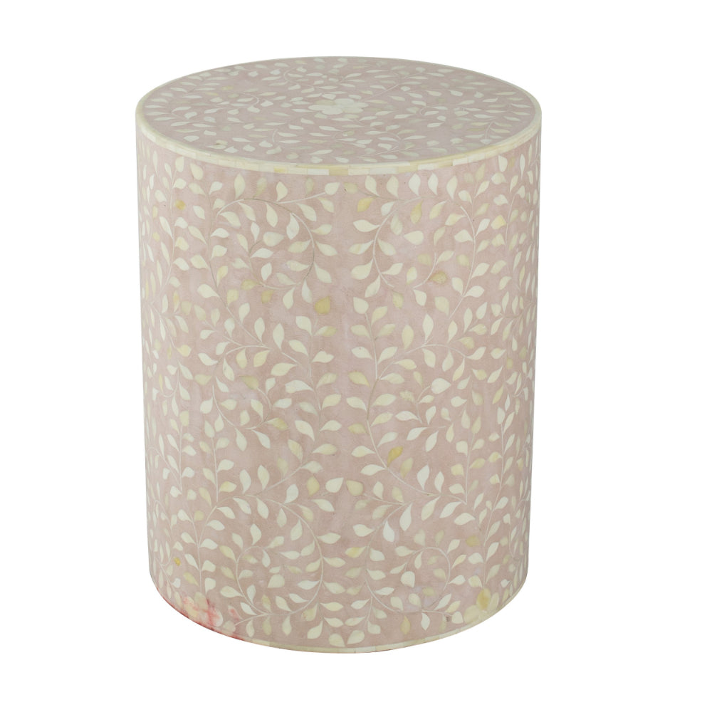 20 Inch Round Side End Table, Filigree Bone Inlay, Wood, Pale Pink, White - BM284807