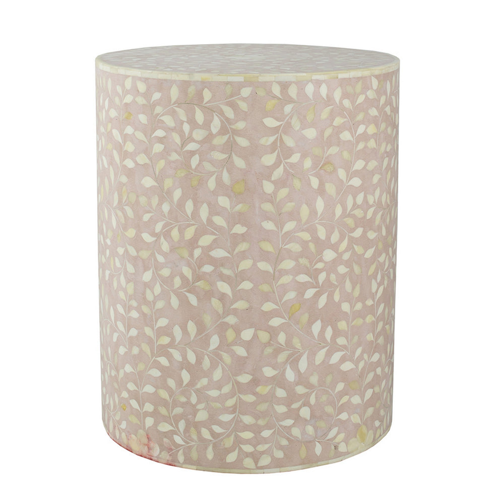 20 Inch Round Side End Table, Filigree Bone Inlay, Wood, Pale Pink, White - BM284807