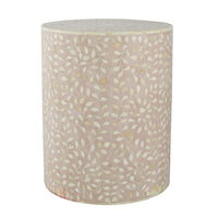 20 Inch Round Side End Table, Filigree Bone Inlay, Wood, Pale Pink, White - BM284807