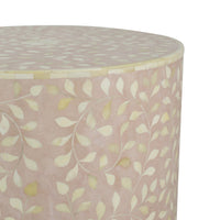 20 Inch Round Side End Table, Filigree Bone Inlay, Wood, Pale Pink, White - BM284807